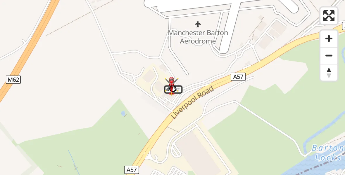 Flight path map showing Air Ambulance Helicopter route from Manchester Barton Aerodrome to Irlam