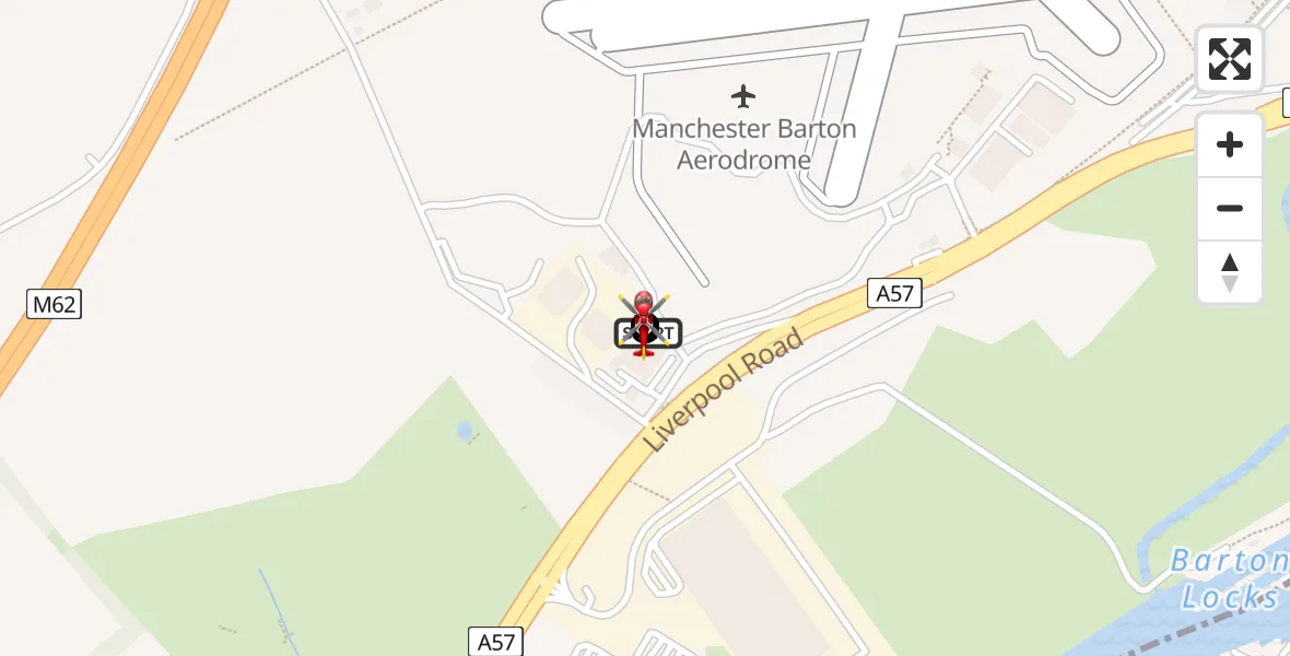 Flight path map showing Air Ambulance Helicopter route from Manchester Barton Aerodrome to Irlam