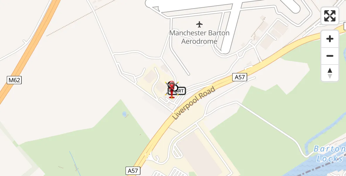 Flight path map showing Air Ambulance Helicopter route from Manchester Barton Aerodrome to Irlam