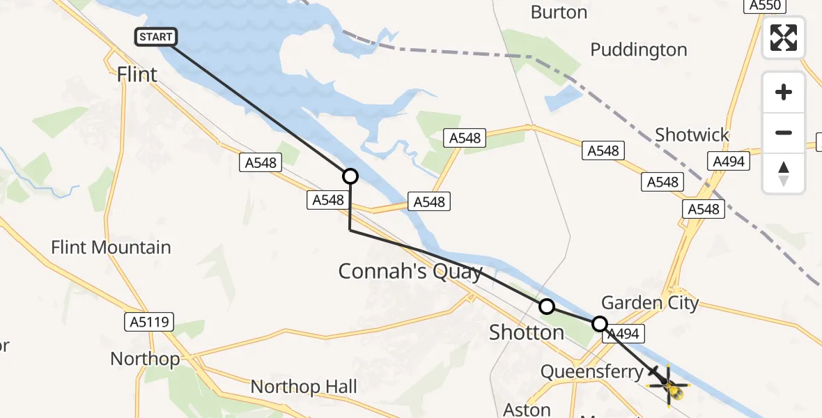 Routekaart van de vlucht: Police Helicopter to Sandycroft, Factory Road