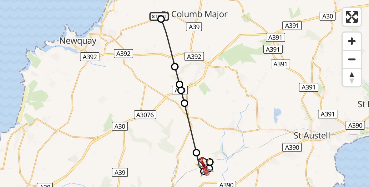 Flight route map: Air Ambulance Helicopter to Grampound Road, Station Road