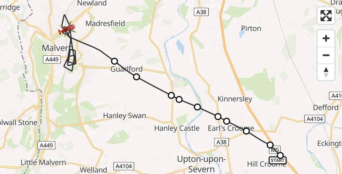 Flight route map: Air Ambulance Helicopter to Malvern, Cockshot Road