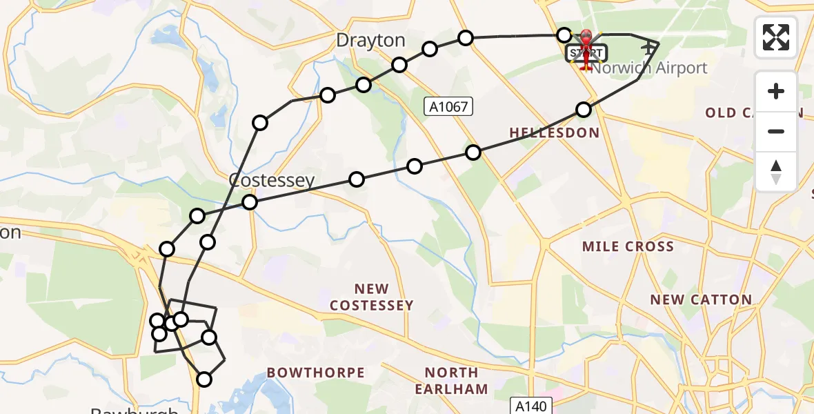 Flight path map showing Air Ambulance Helicopter route from Norwich Airport to Norwich Airport