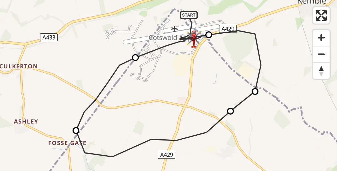 Flight route map: Air Ambulance Helicopter to Cotswold Airport, Cotswold Airport