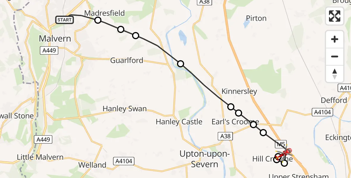Flight route map: Air Ambulance Helicopter to Hill Croome, Strensham Road