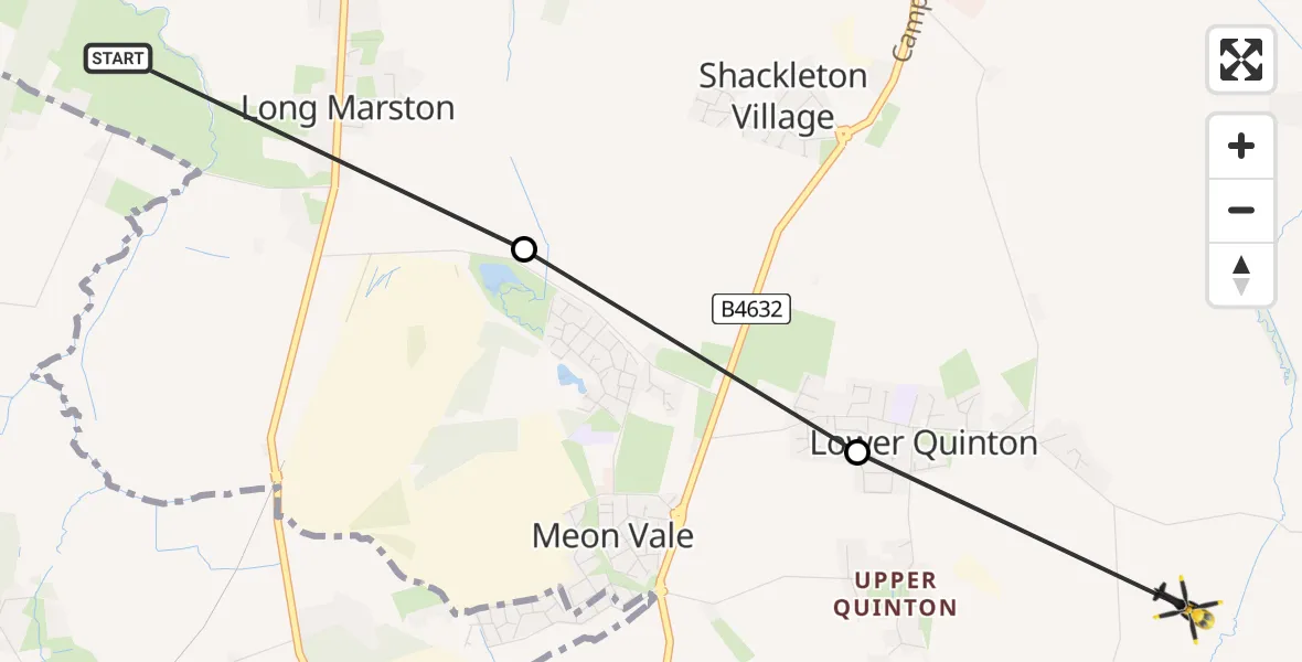 Flight path map showing Police Helicopter route from Stratford-on-Avon to Lower Quinton