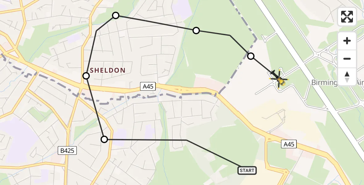 Flight route map: Police Helicopter to Birmingham Airport, Birmingham Airport