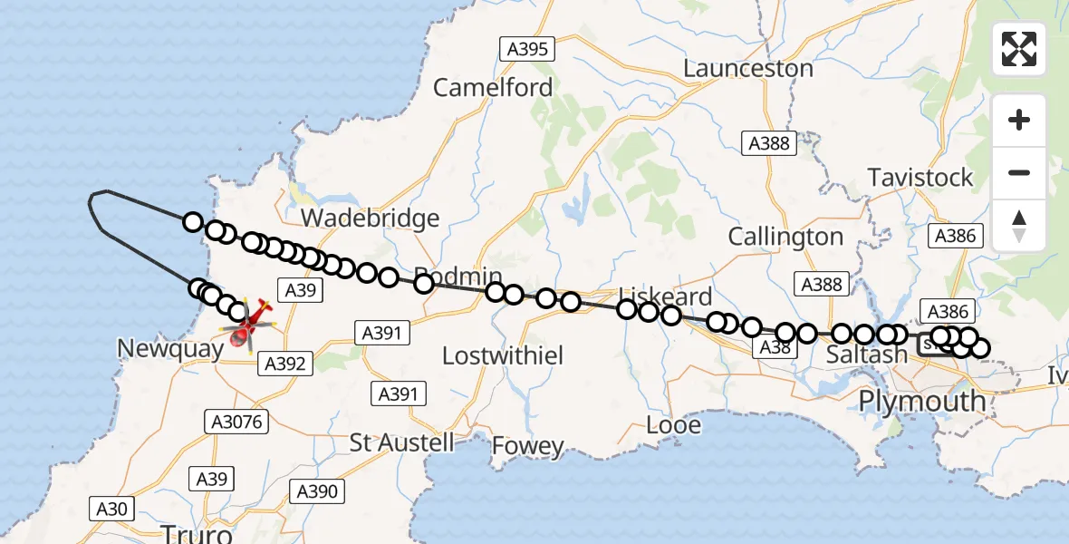 Flight route map: Air Ambulance Helicopter to Cornwall Airport Newquay, Cornwall Airport Newquay