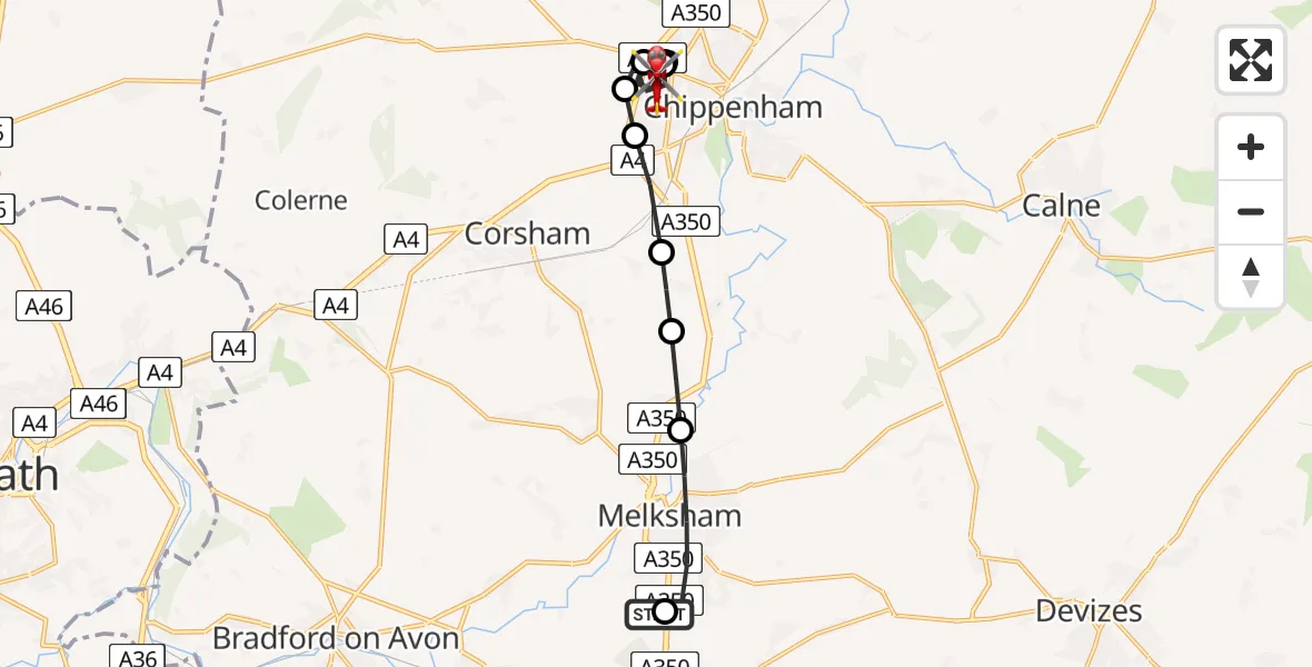 Flight route map: Air Ambulance Helicopter to Chippenham, Manor Road