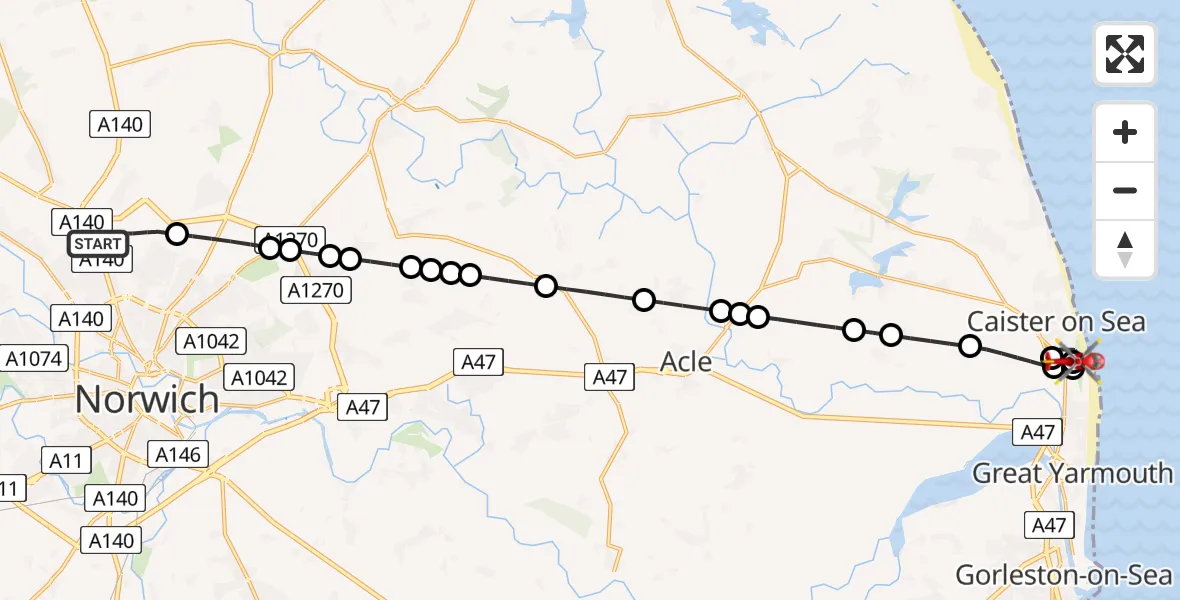Flight route map: Air Ambulance Helicopter to Caister-on-Sea, Yarmouth Road