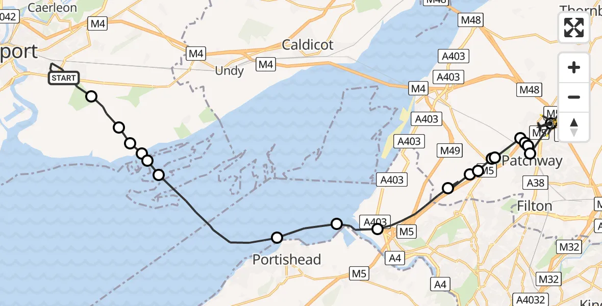 Flight route map: Police Helicopter to Almondsbury Helicopter Base, Almondsbury Helicopter Base