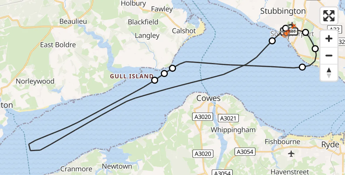 Flight path map showing Coastguard Helicopter route from Solent Airport to Solent Airport