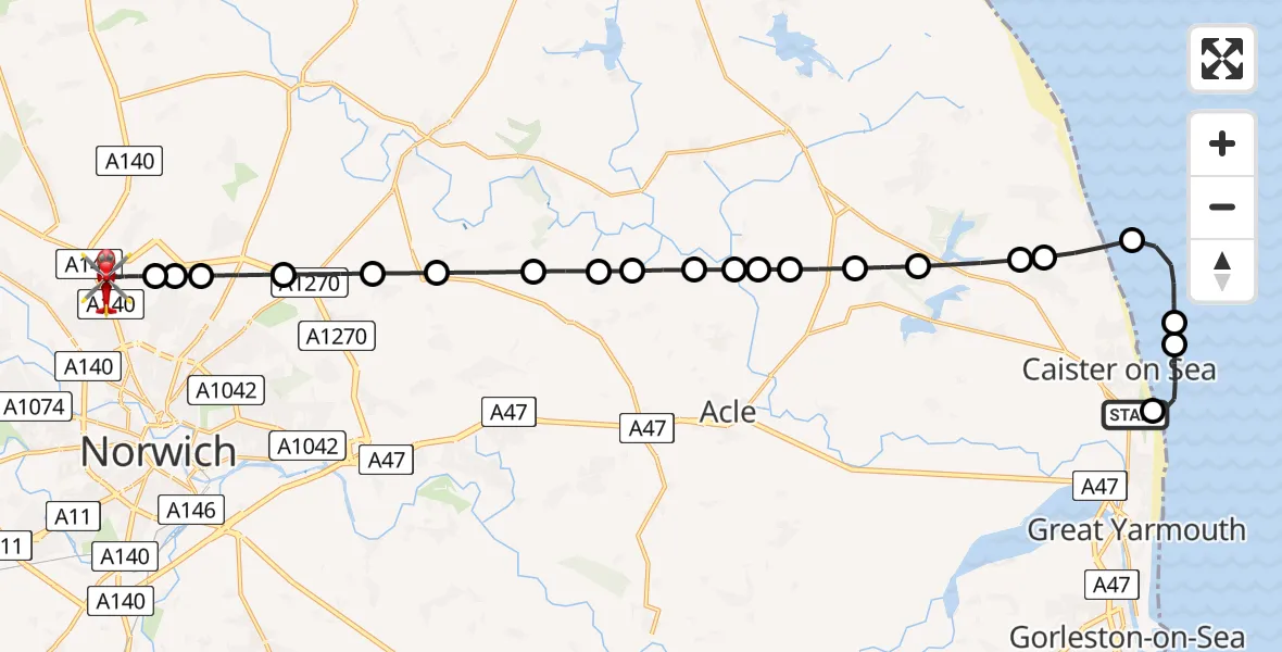Flight route map: Air Ambulance Helicopter to Norwich Airport, Norwich Airport