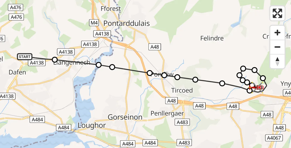 Flight route map: Air Ambulance Helicopter to Morriston Hospital Helipad, Morriston Hospital Helipad