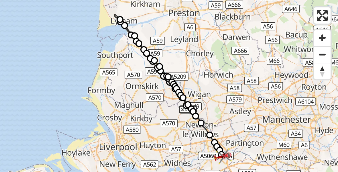 Routekaart van de vlucht: Air Ambulance Helicopter to Thelwall, Thelwall New Road