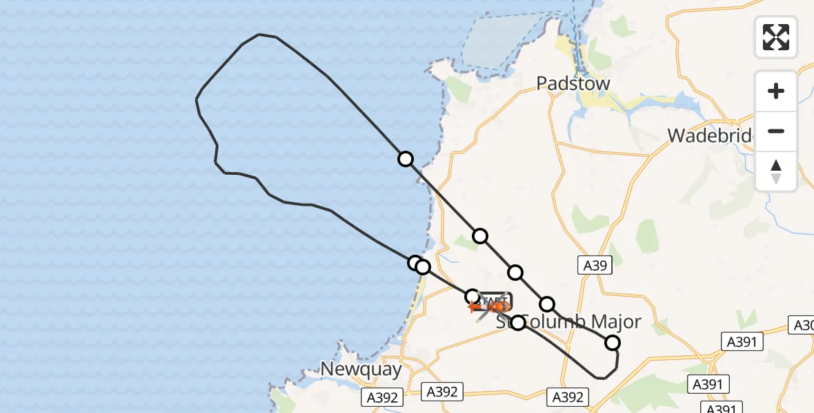 Flight route map: Coastguard Helicopter to Cornwall Airport Newquay, Cornwall Airport Newquay
