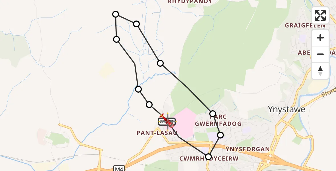 Flight route map: Air Ambulance Helicopter to Morriston Hospital Helipad, Morriston Hospital Helipad