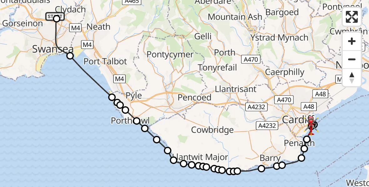 Flight route map: Air Ambulance Helicopter to Cardiff Heliport, Cardiff Heliport