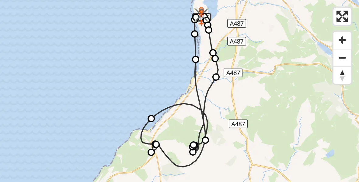 Flight path map showing Coastguard Helicopter route from Caernarfon Airport to Caernarfon Airport