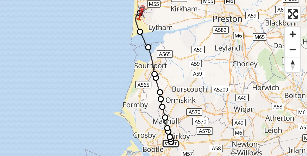 Flight route map: Air Ambulance Helicopter to Blackpool Airport, Blackpool Airport