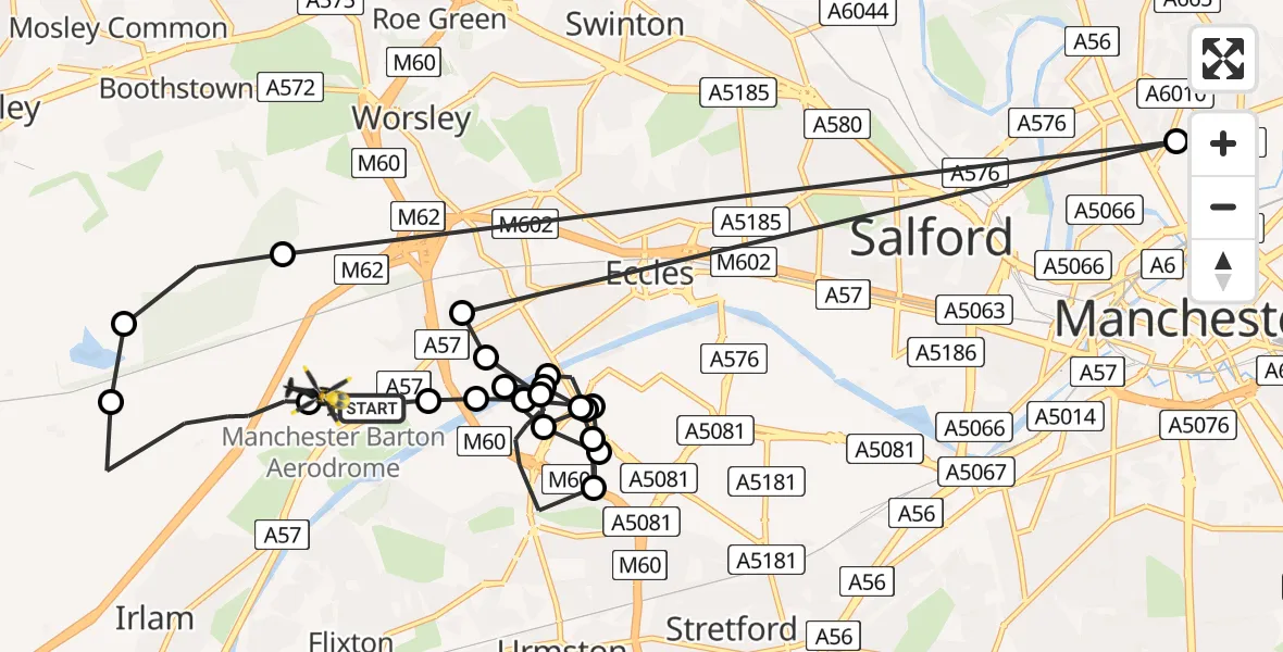 Flight path map showing Police Helicopter route from Manchester Barton Aerodrome to Manchester Barton Aerodrome