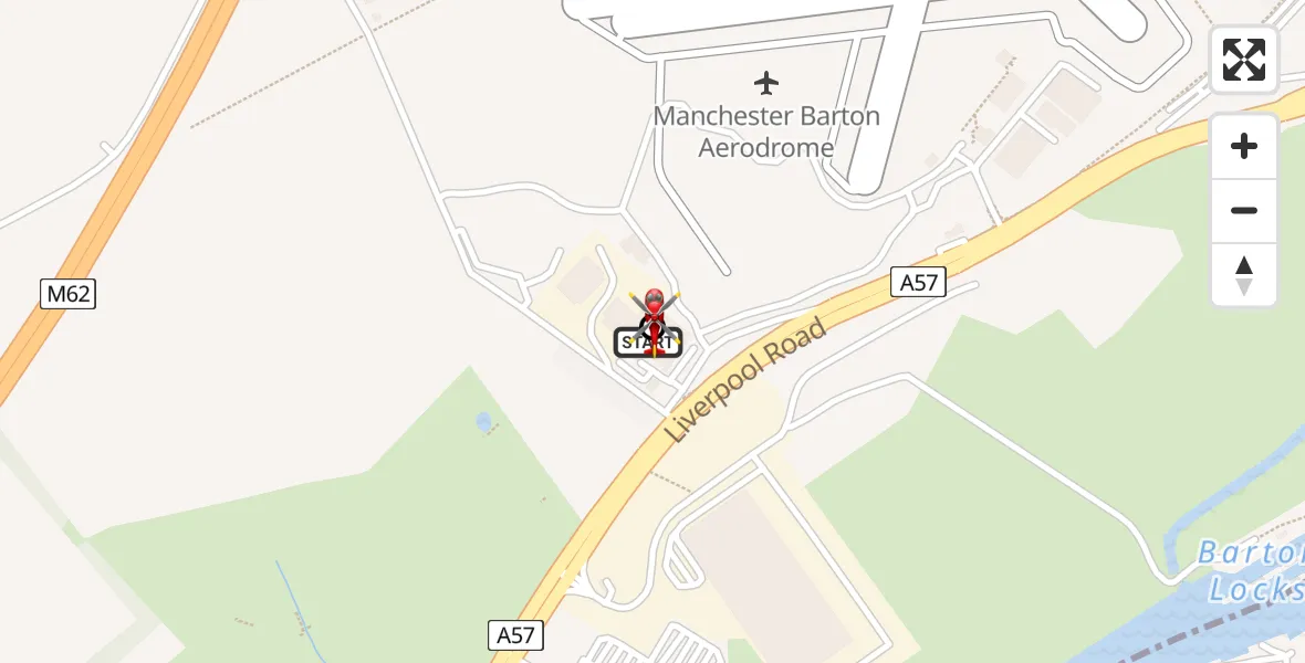 Flight path map showing Air Ambulance Helicopter route from Manchester Barton Aerodrome to Irlam