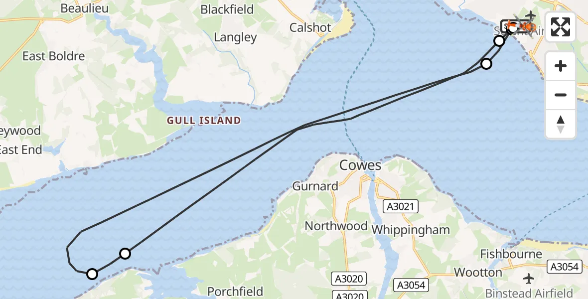 Flight path map showing Coastguard Helicopter route from Solent Airport to Solent Airport