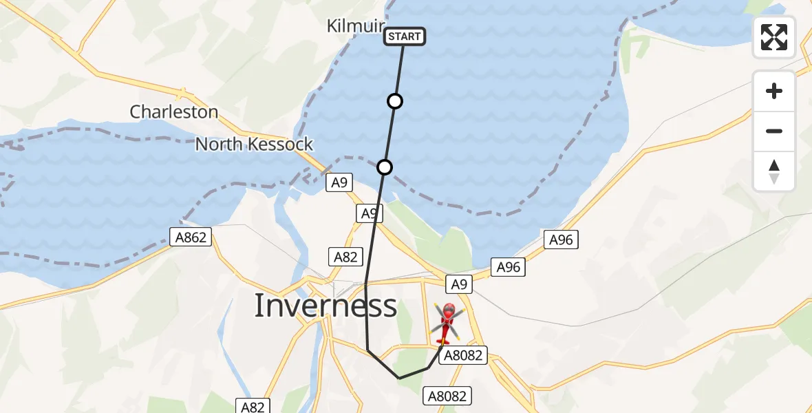 Flight path map showing Air Ambulance Helicopter route from Inverness to Inverness