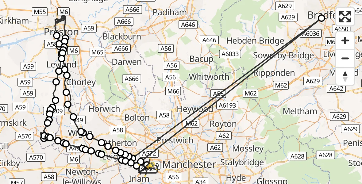 Flight path map showing Police Helicopter route from Manchester Barton Aerodrome to Manchester Barton Aerodrome
