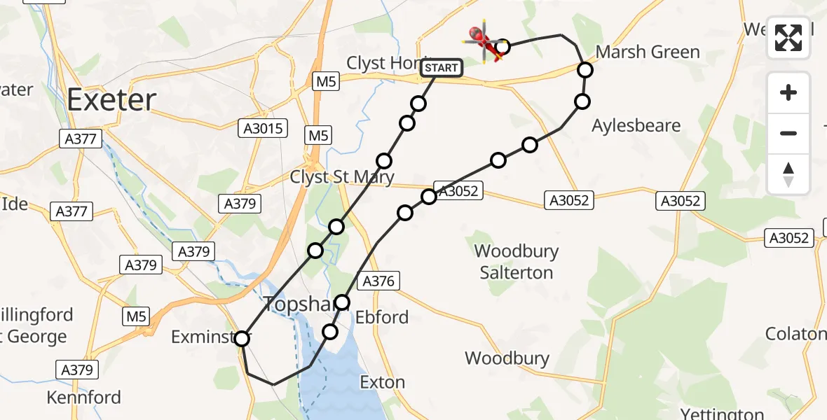 Flight route map: Air Ambulance Helicopter to Exeter International Airport, Exeter International Airport