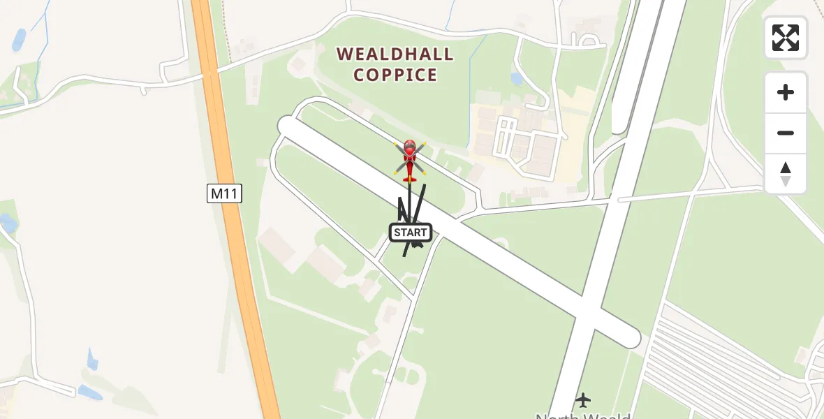 Flight route map: Air Ambulance Helicopter to North Weald Airfield, North Weald Airfield