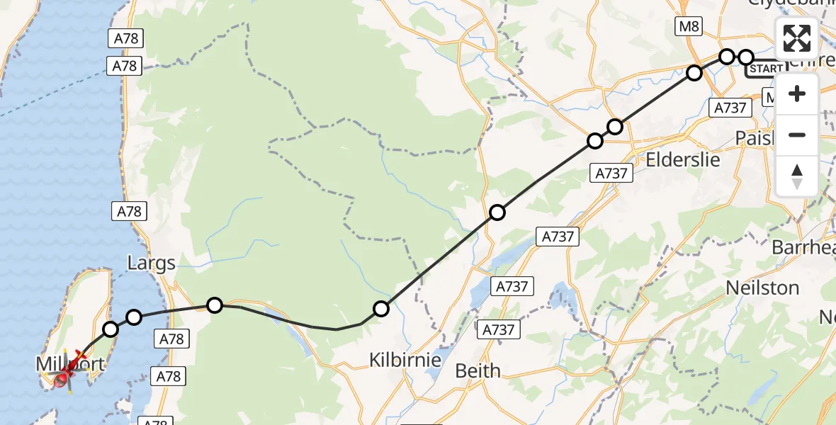 Flight route map: Air Ambulance Helicopter to Inner Seas, Inner Seas