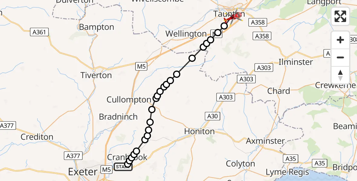 Flight route map: Air Ambulance Helicopter to Taunton, South Road
