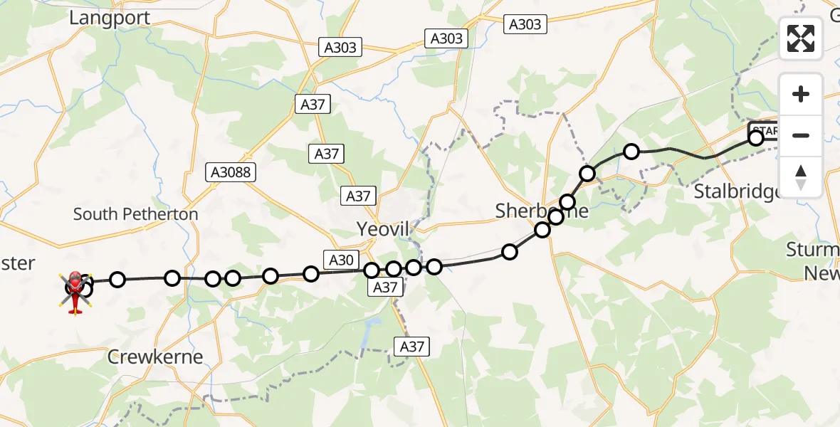 Flight route map: Air Ambulance Helicopter to Dinnington, Chapel Lane