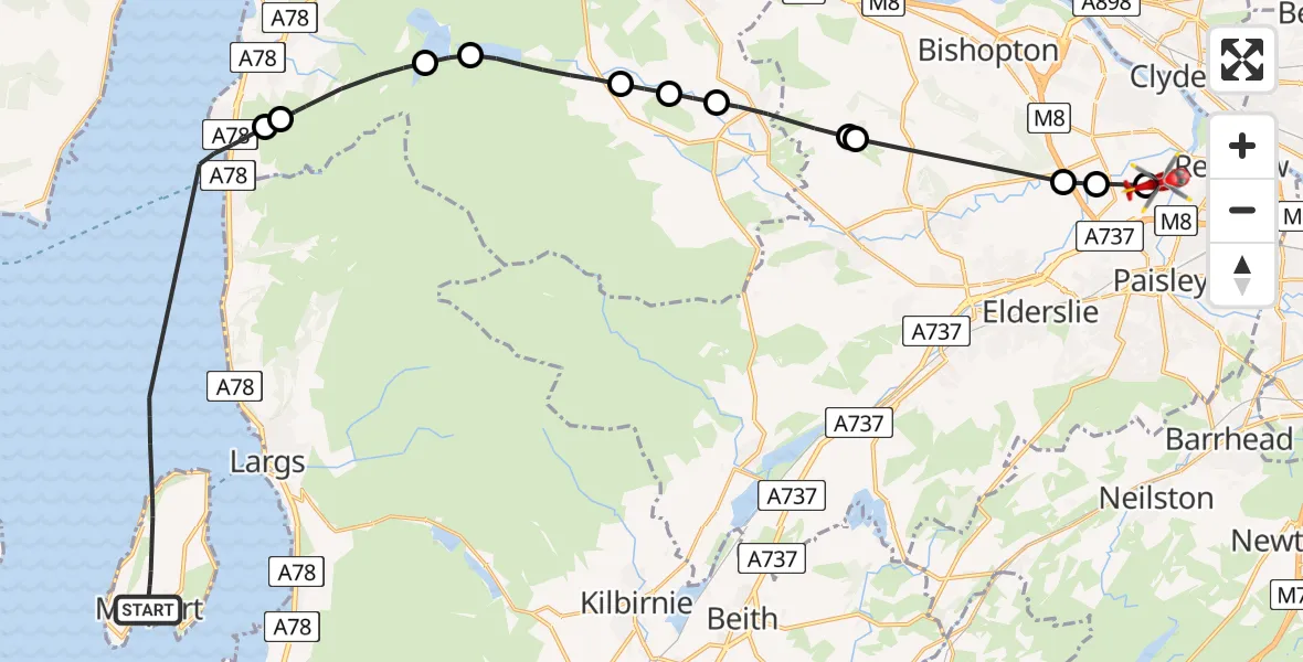 Routekaart van de vlucht: Air Ambulance Helicopter to Glasgow Airport, Glasgow Airport