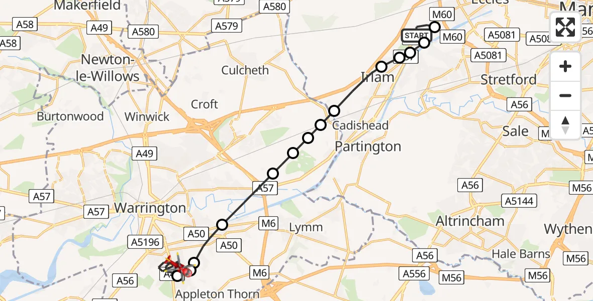 Flight route map: Air Ambulance Helicopter to Appleton, St. Monicas Close