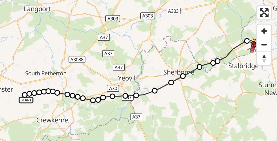 Flight route map: Air Ambulance Helicopter to Henstridge Airfield, Henstridge Airfield