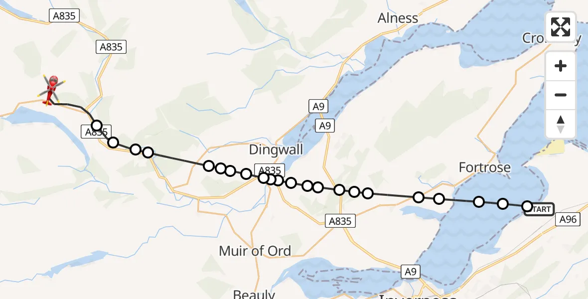 Flight route map: Air Ambulance Helicopter to Garve, Inverness Airport