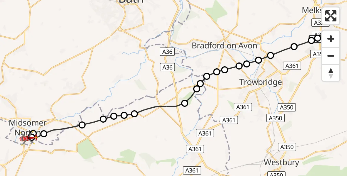 Flight route map: Air Ambulance Helicopter to Midsomer Norton, Charlton Road