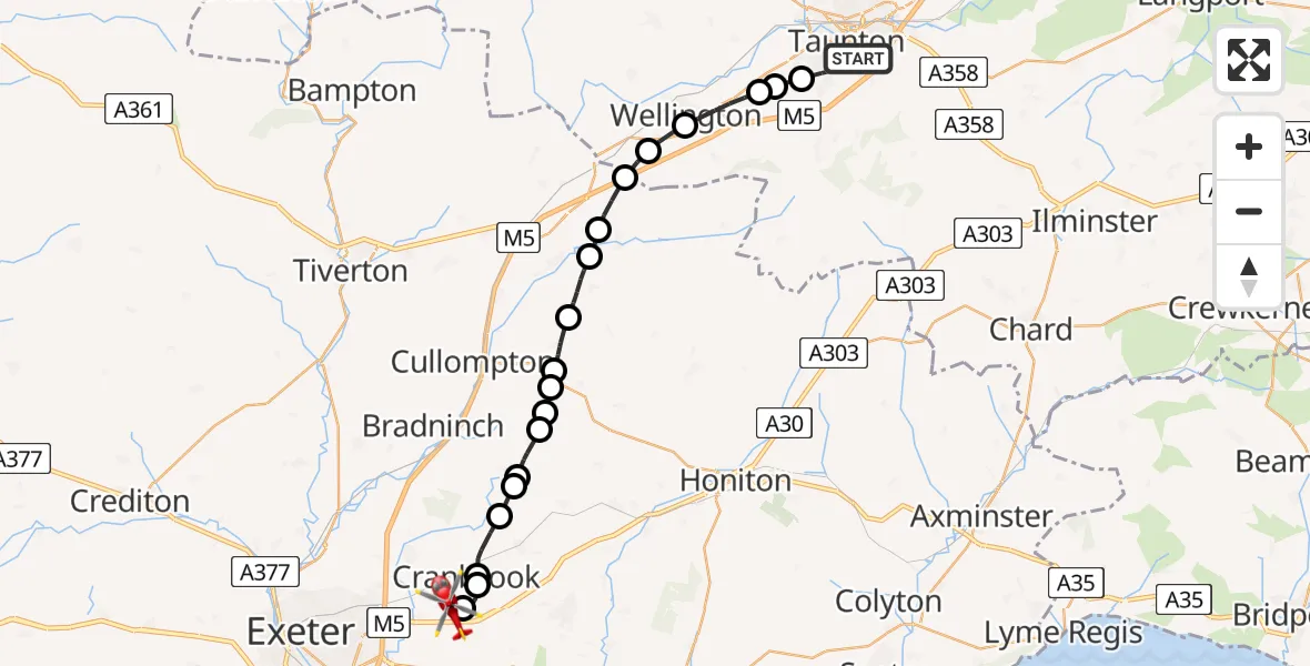 Routekaart van de vlucht: Air Ambulance Helicopter to Exeter International Airport, Exeter International Airport