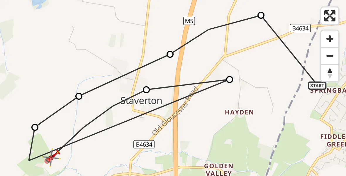 Flight route map: Air Ambulance Helicopter to Down Hatherley, Commerce Road