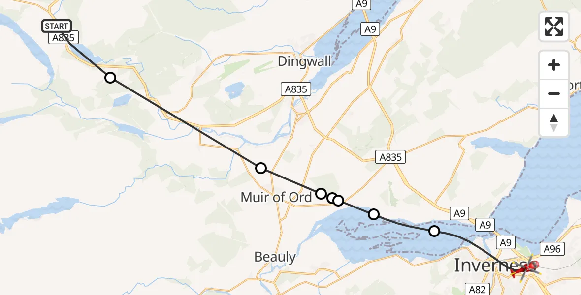Flight route map: Air Ambulance Helicopter to Inverness, Raigmore Gardens