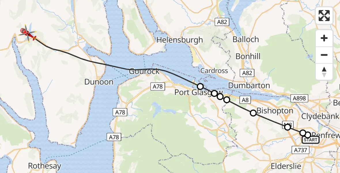 Flight route map: Air Ambulance Helicopter to Inner Seas, Glasgow Airport
