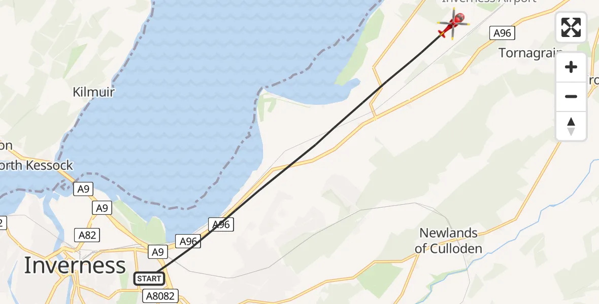Flight path map showing Air Ambulance Helicopter route from Inverness to Inverness