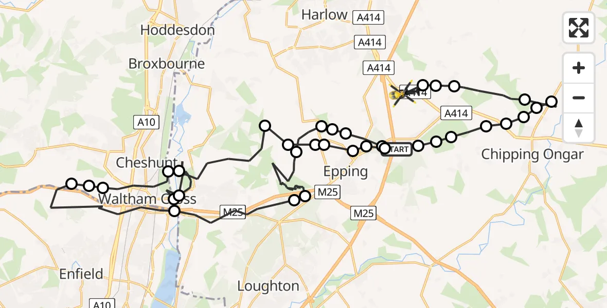 Flight route map: Police Helicopter to North Weald Bassett, Canes Lane