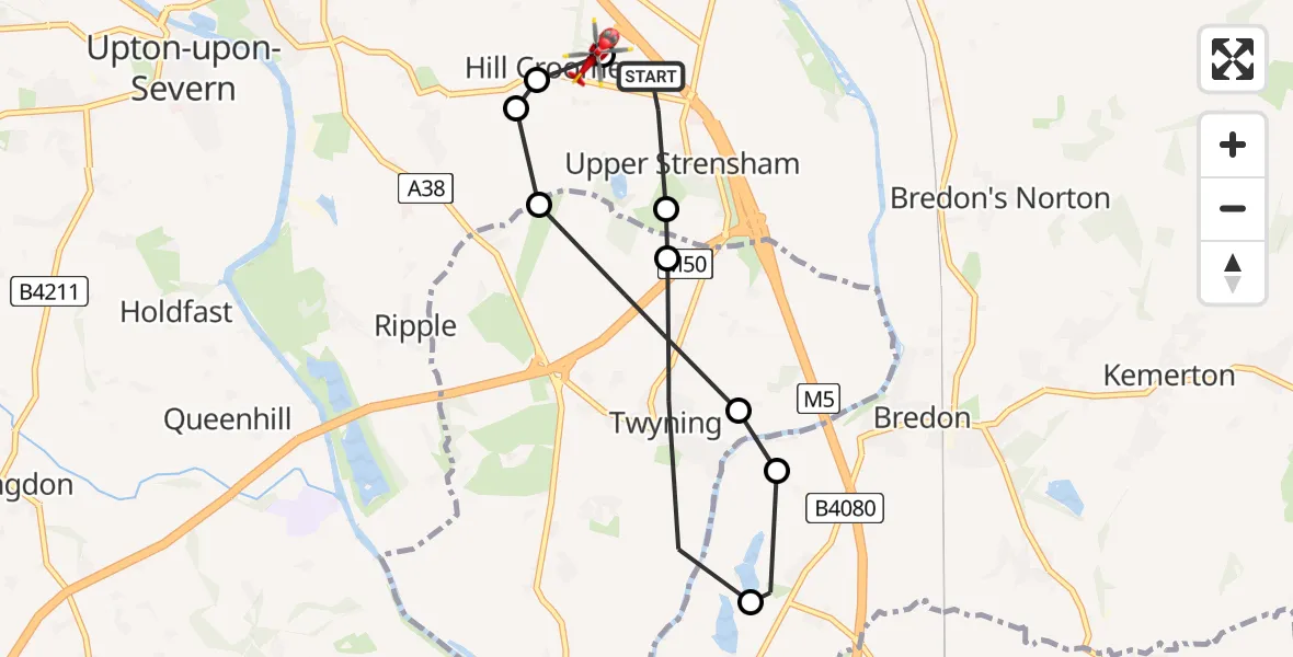 Flight route map: Air Ambulance Helicopter to Hill Croome, M5