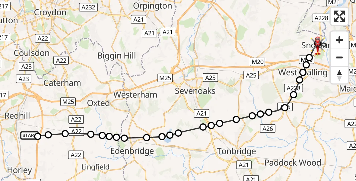 Flight route map: Air Ambulance Helicopter to Snodland, Recreation Avenue