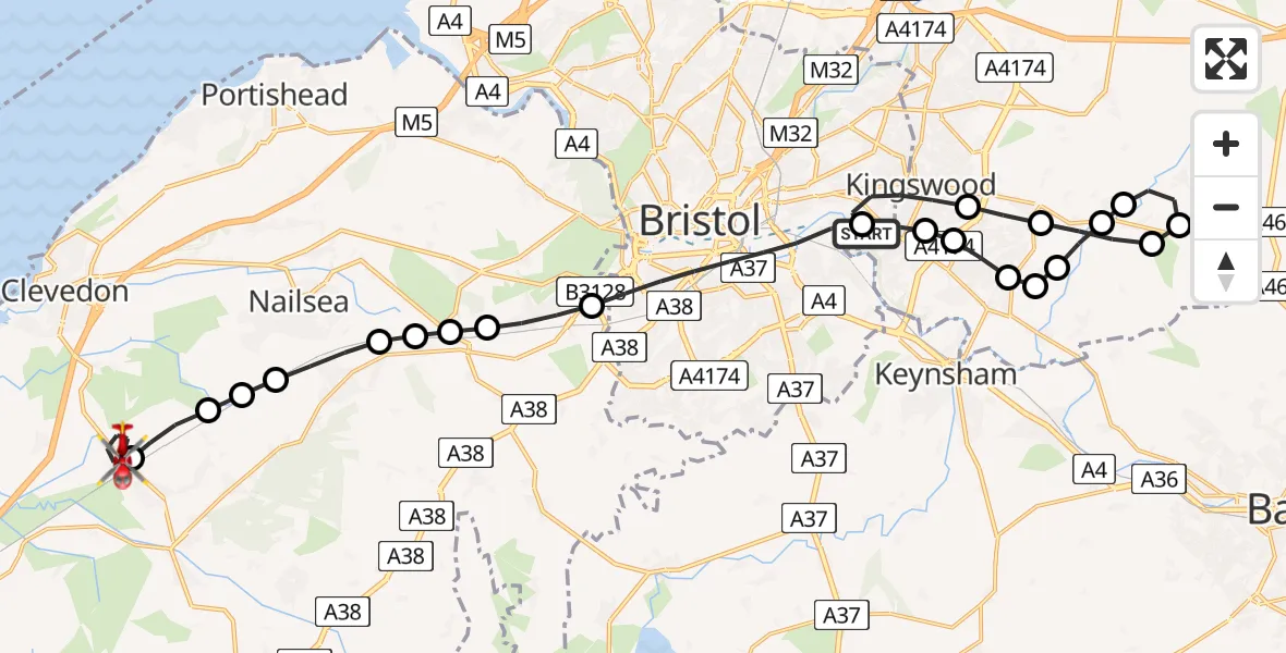 Flight route map: Air Ambulance Helicopter to Yatton, North End
