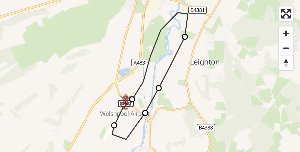 Flight route map: Air Ambulance Helicopter to Welshpool Airport, Welshpool Airport