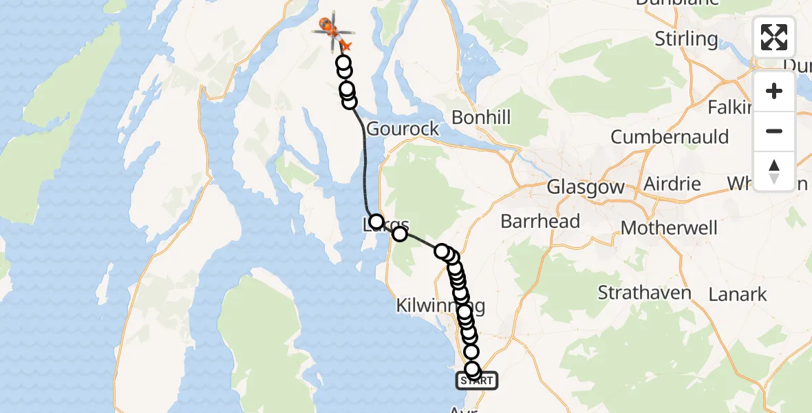 Routekaart van de vlucht: Coastguard Helicopter to Glenbranter, West Side Of Loch Eck Track Benmore to Glenbranter